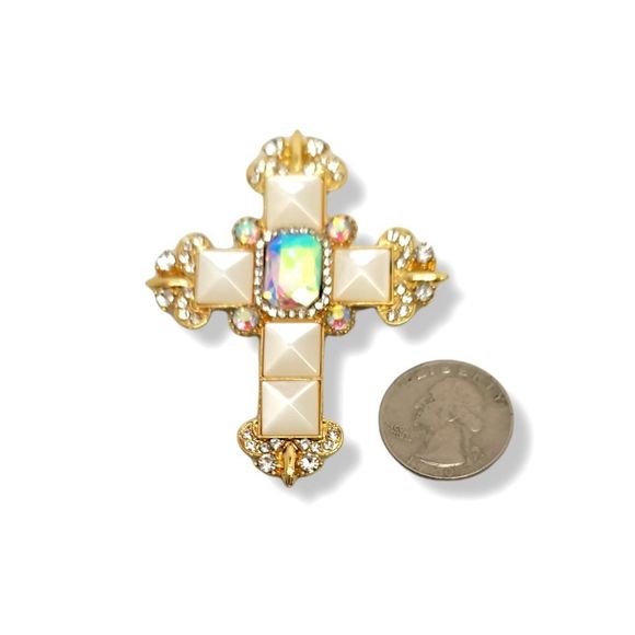 Elegant Goldtone Square and Round Crystal Cross Brooch - Picture 3 of 3